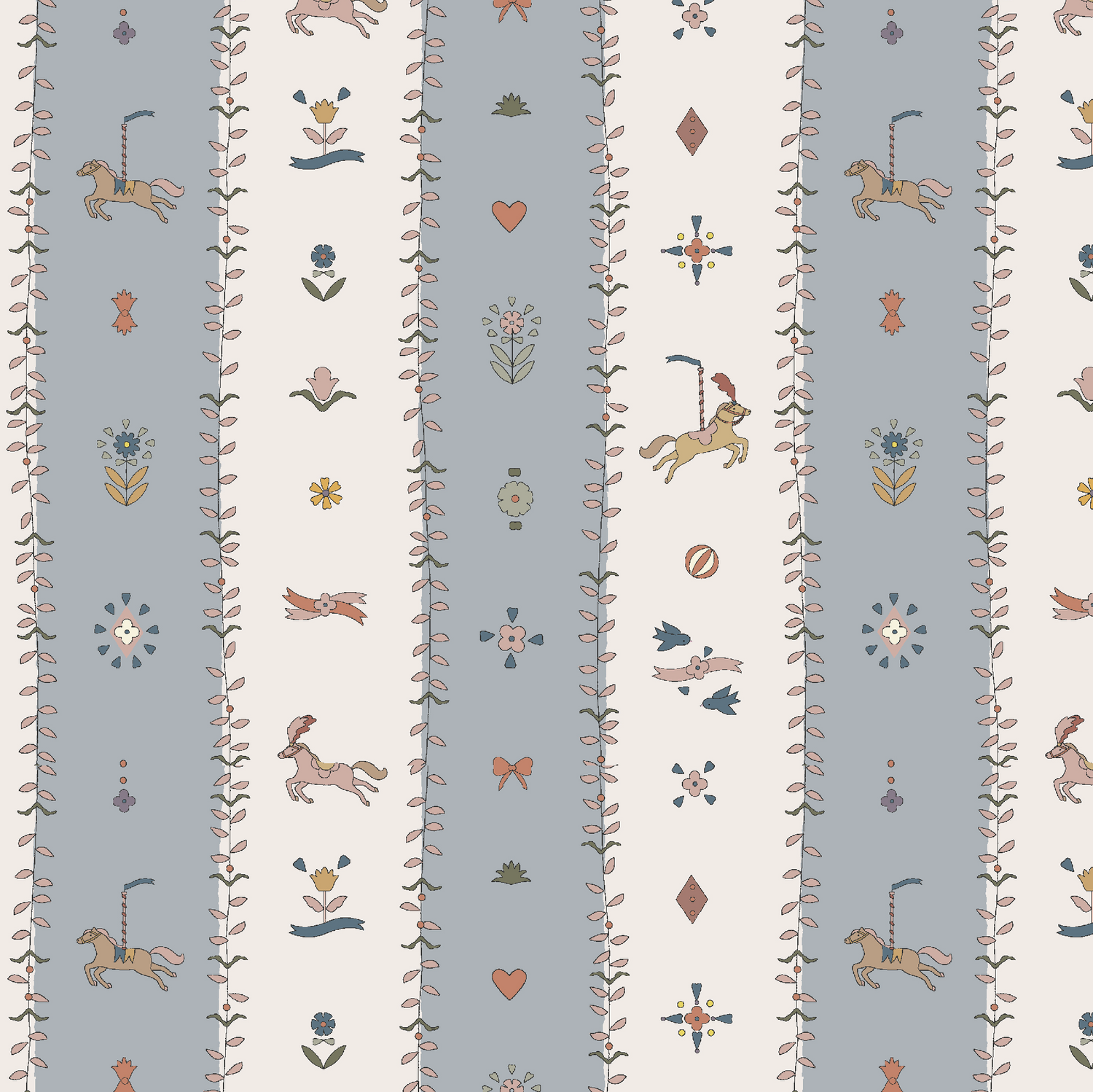 The Little Carousel Stripe Wallpaper, Blue features alternating blue and cream stripes with playful horses, rabbits, birds, florals, hearts, and geometric shapes in soft pastels—ideal for bringing vintage circus charm to a nursery or playroom.