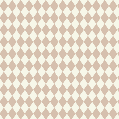 Diamond Dancer Wallpaper, Rose features a seamless pattern of light brown and cream hand-drawn harlequin diamonds in a diagonal checkerboard grid—ideal for nursery wallpaper or any repeating background.