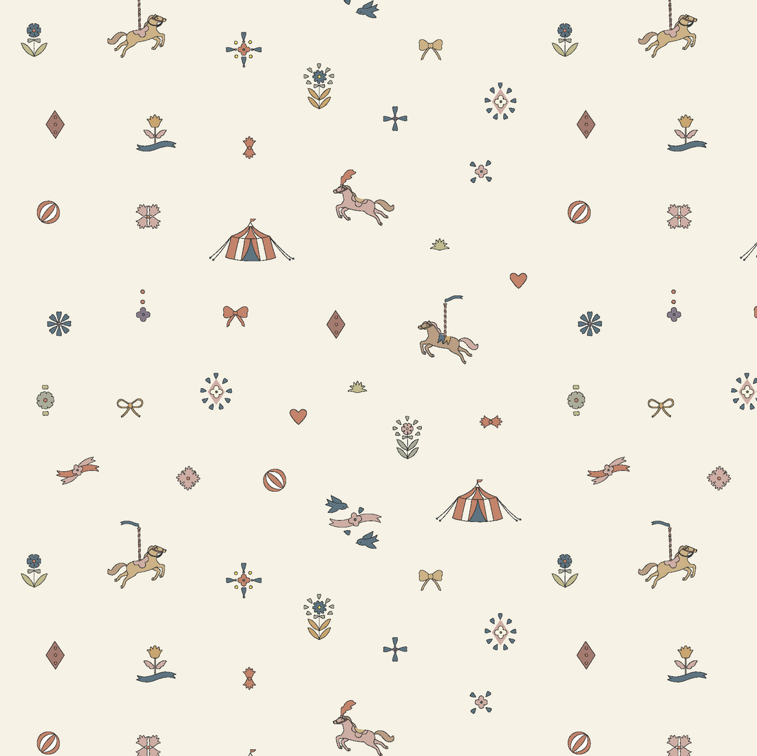 Petite Circus Party Wallpaper features a seamless cream background with playful carousel horses, circus tents, flowers, bows, diamonds, hearts, birds, and whimsical accents in soft, muted colors.