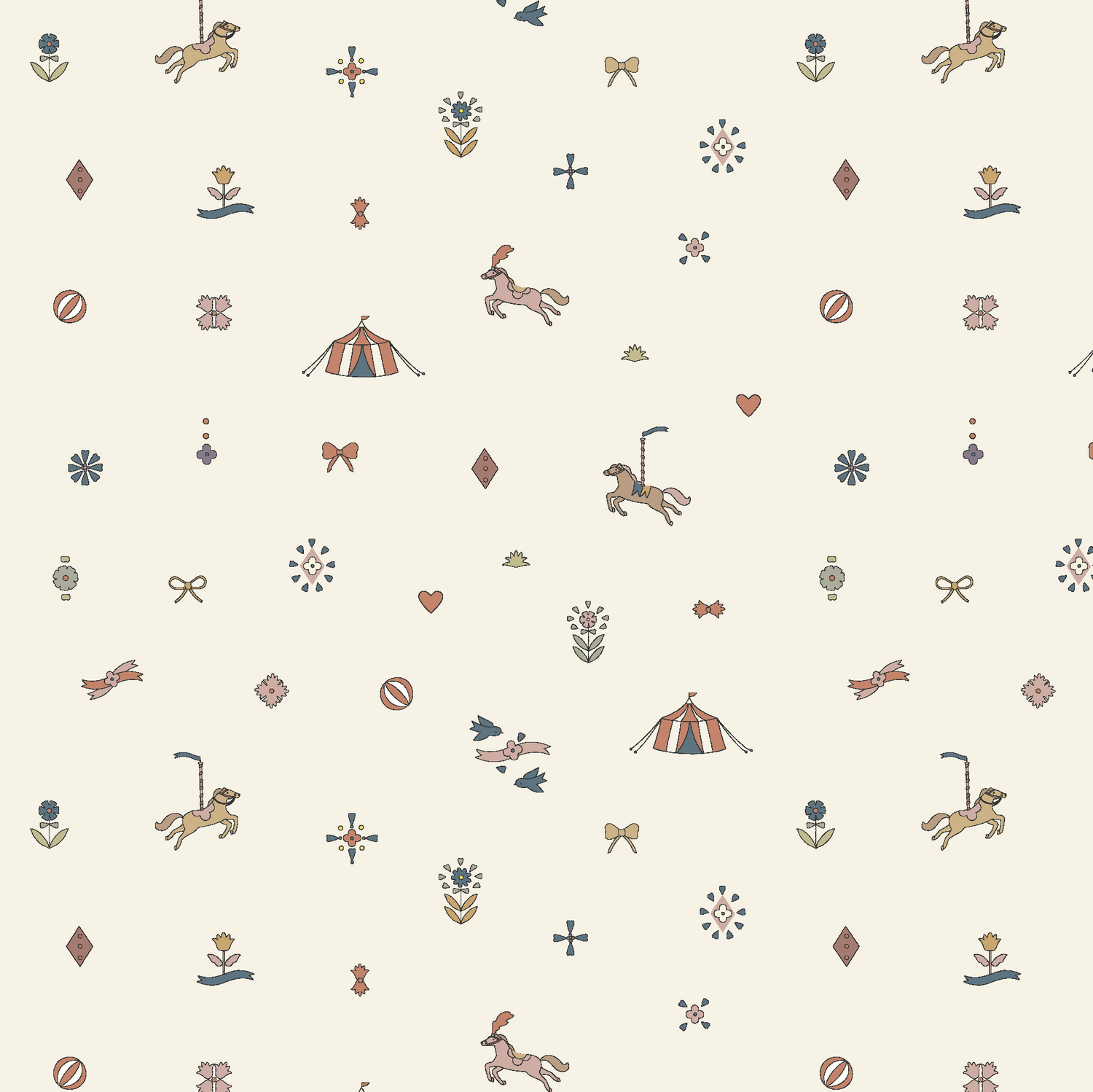 Petite Circus Party Wallpaper features a seamless cream background with playful carousel horses, circus tents, flowers, bows, diamonds, hearts, birds, and whimsical accents in soft, muted colors.