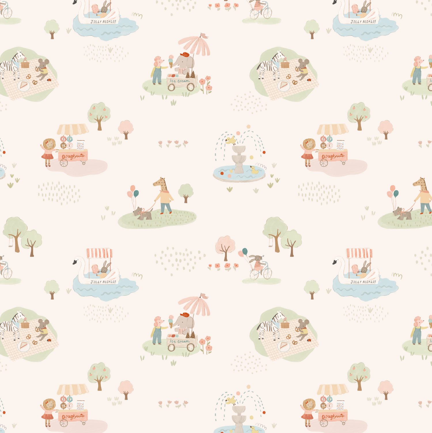 Little Friends Day Out Wallpaper features a seamless pastel pattern of playful park scenes—animals, people picnicking, ice cream carts, kids biking and playing by a fountain—on light beige, perfect for nursery walls.