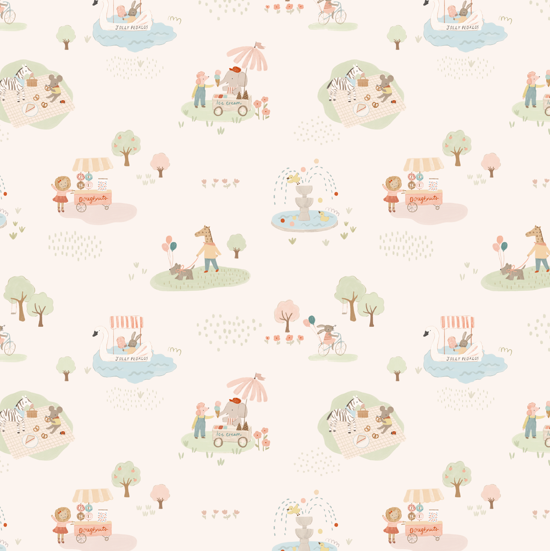 Little Friends Day Out Wallpaper features a seamless pastel pattern of playful park scenes—animals, people picnicking, ice cream carts, kids biking and playing by a fountain—on light beige, perfect for nursery walls.