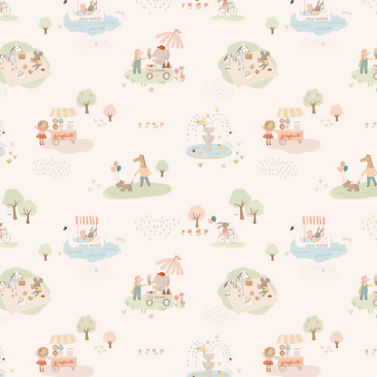 Little Friends Day Out Wallpaper features a seamless pastel pattern of playful park scenes—animals, people picnicking, ice cream carts, kids biking and playing by a fountain—on light beige, perfect for nursery walls.