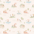 Little Friends Day Out Wallpaper features a seamless pastel pattern of playful park scenes—animals, people picnicking, ice cream carts, kids biking and playing by a fountain—on light beige, perfect for nursery walls.