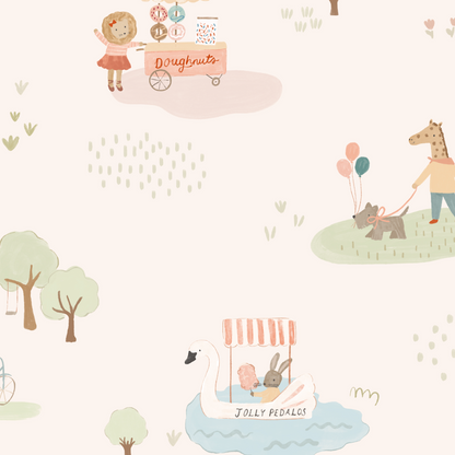 Little Friends Day Out Wallpaper features a bear selling doughnuts, a giraffe walking a dog with balloons, and a bunny and fox riding a swan boat—playful animal scenes perfect for nursery walls among trees and grass.