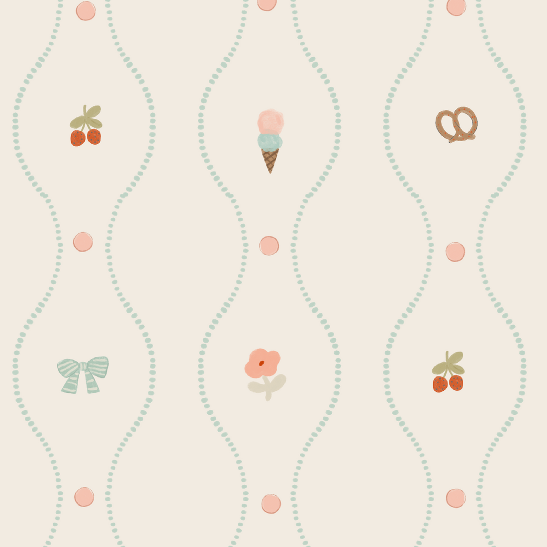 Little Patisserie Stripe Wallpaper features a light beige background with wavy teal dotted lines, pink dots, and hand-drawn cherries, an ice cream cone, a pretzel, a blue bow, and a pink flower in a charming grid pattern.
