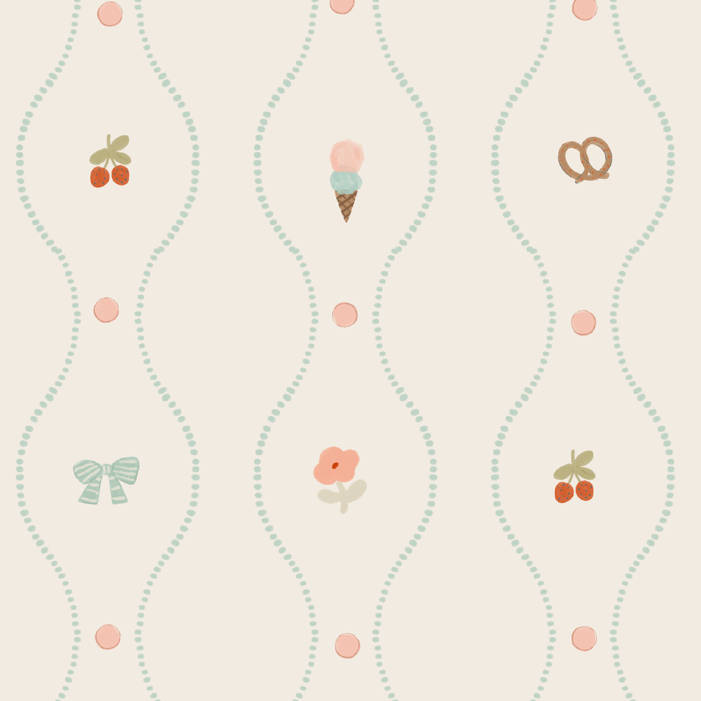 Little Patisserie Stripe Wallpaper features a light beige background with wavy teal dotted lines, pink dots, and hand-drawn cherries, an ice cream cone, a pretzel, a blue bow, and a pink flower in a charming grid pattern.