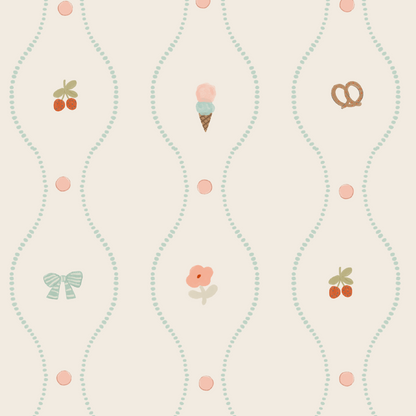 Little Patisserie Stripe Wallpaper features a light beige background with wavy teal dotted lines, pink dots, and hand-drawn cherries, an ice cream cone, a pretzel, a blue bow, and a pink flower in a charming grid pattern.