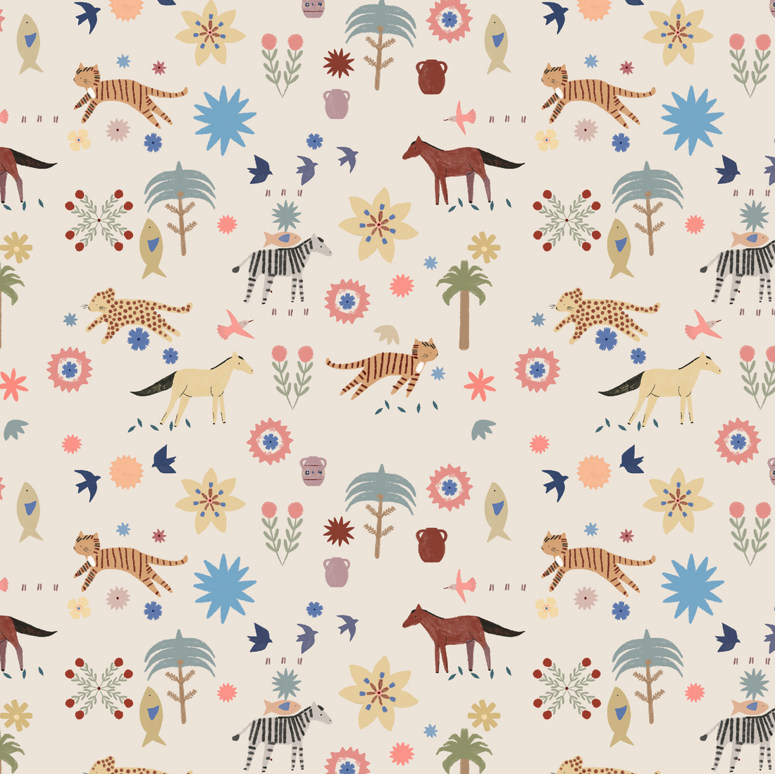 The Little Wanderers Wallpaper Sample features playful zebras, cheetahs, horses, birds, trees, vases, and colorful flowers on a light background—a whimsical design with vibrant animal and nature motifs.