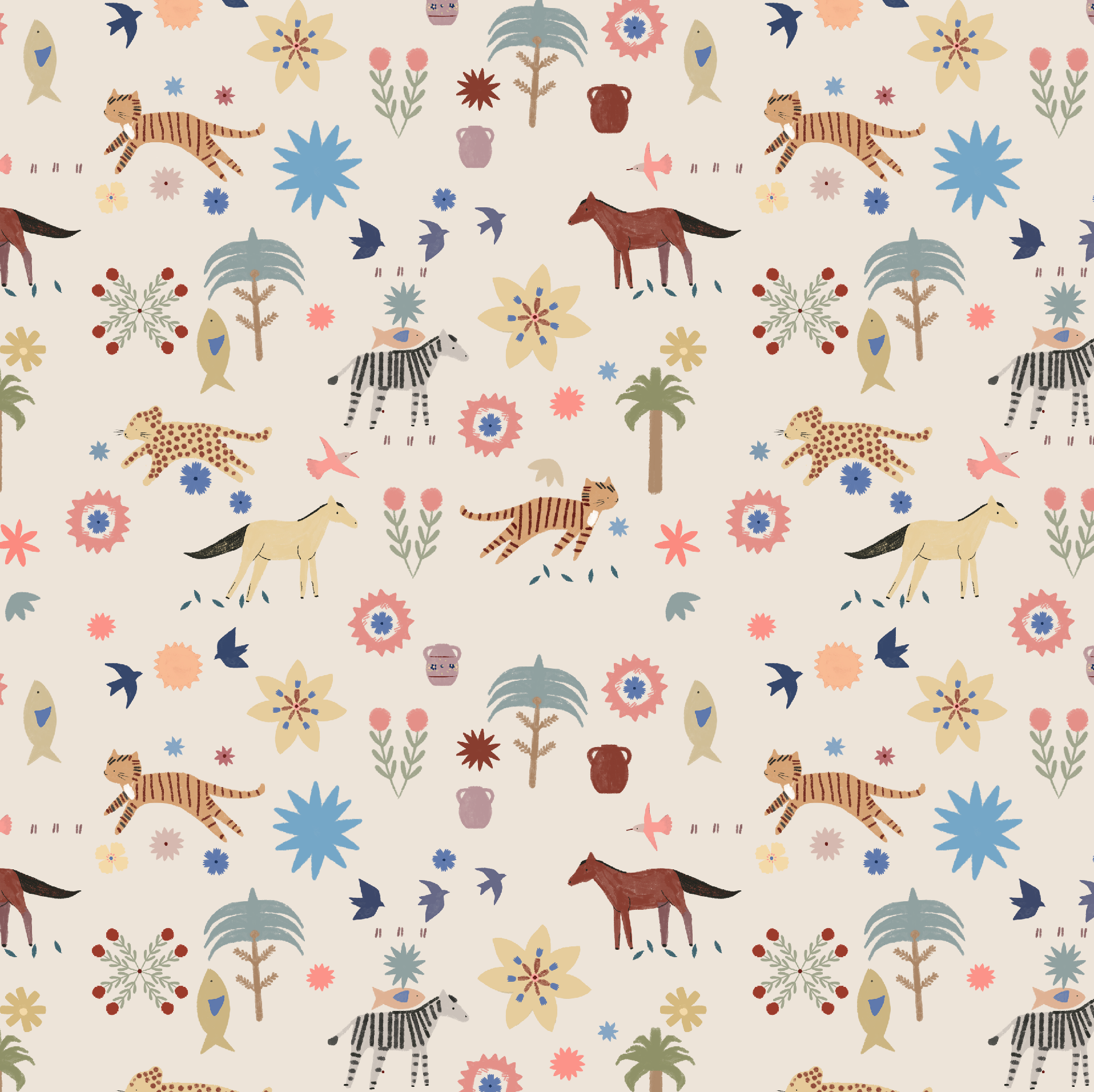 The Little Wanderers Wallpaper Sample features playful zebras, cheetahs, horses, birds, trees, vases, and colorful flowers on a light background—a whimsical design with vibrant animal and nature motifs.