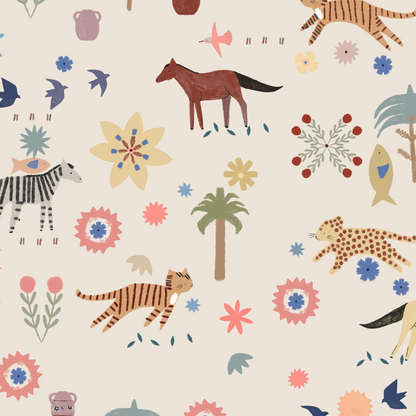 The Little Wanderers Wallpaper Sample features hand-drawn animals such as a horse, cat, zebra, fish, and cheetah amid colorful flowers, birds, and trees on a light beige background.