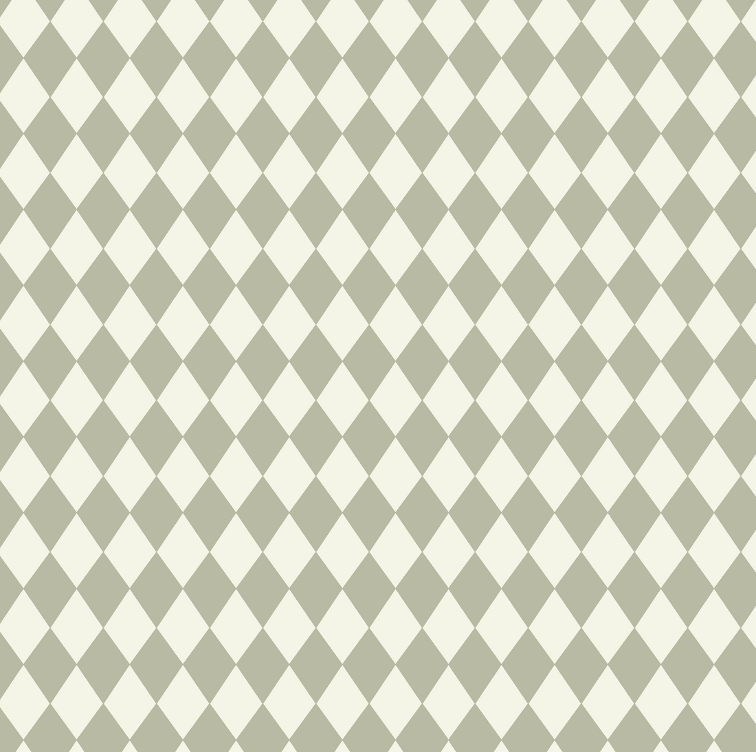 Diamond Dancer Wallpaper, Green features a seamless diagonal pattern of alternating light beige and pale gray harlequin diamonds—ideal for nursery décor or subtle green wallpaper accents.