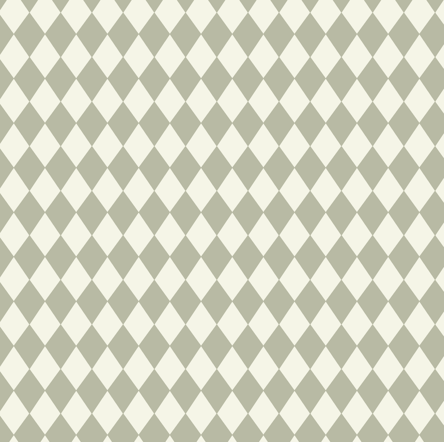 Diamond Dancer Wallpaper, Green features a seamless diagonal pattern of alternating light beige and pale gray harlequin diamonds—ideal for nursery décor or subtle green wallpaper accents.