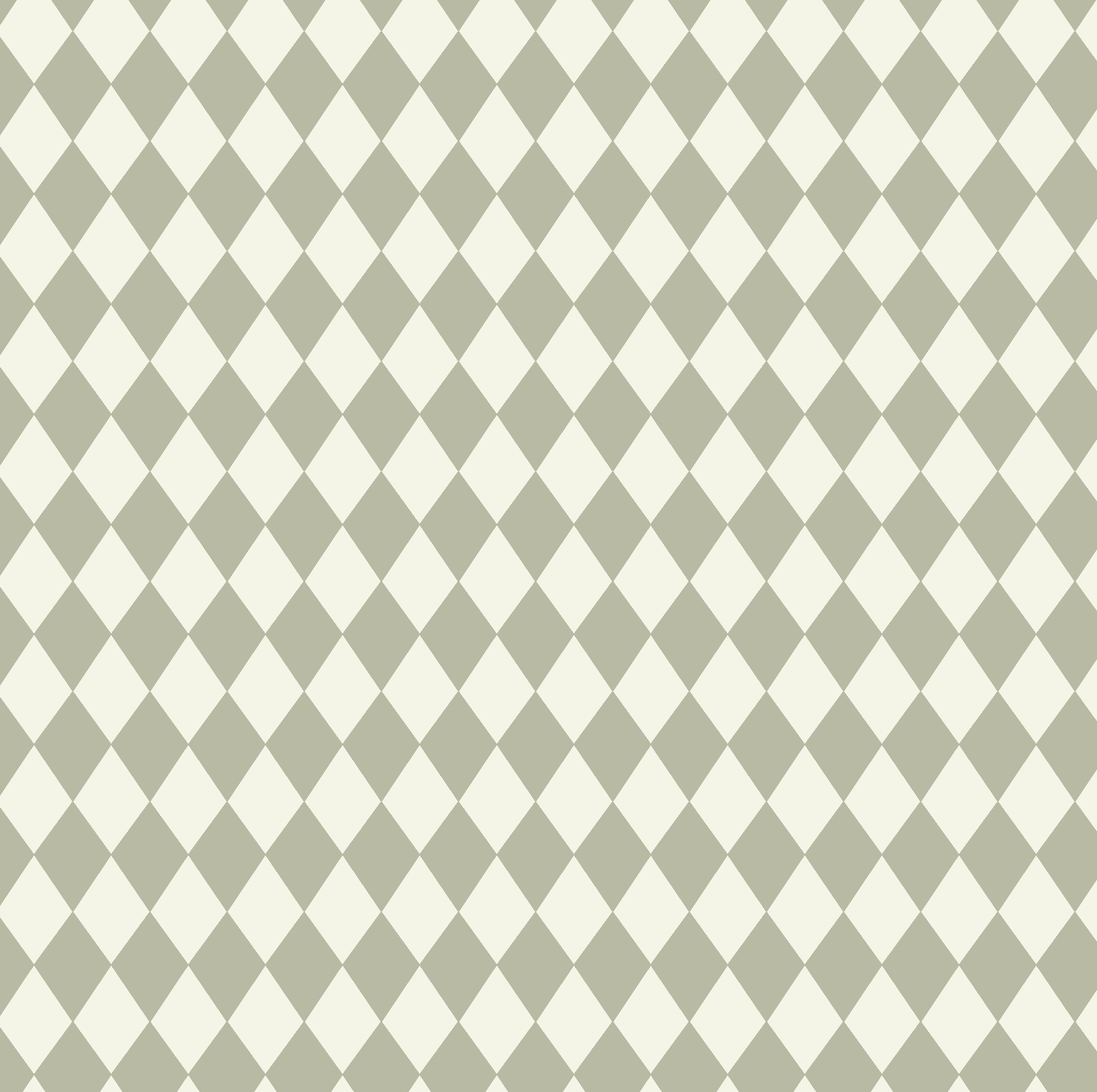 Diamond Dancer Wallpaper, Green features a seamless diagonal pattern of alternating light beige and pale gray harlequin diamonds—ideal for nursery décor or subtle green wallpaper accents.