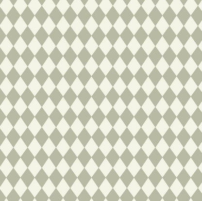 Diamond Dancer Wallpaper, Green features a seamless diagonal pattern of alternating light beige and pale gray harlequin diamonds—ideal for nursery décor or subtle green wallpaper accents.