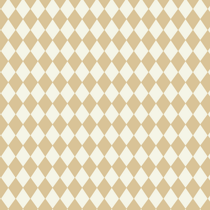 The Diamond Dancer Wallpaper in Yellow features a seamless harlequin diamond pattern with alternating beige and off-white squares arranged diagonally for an artisanal, checkerboard look.