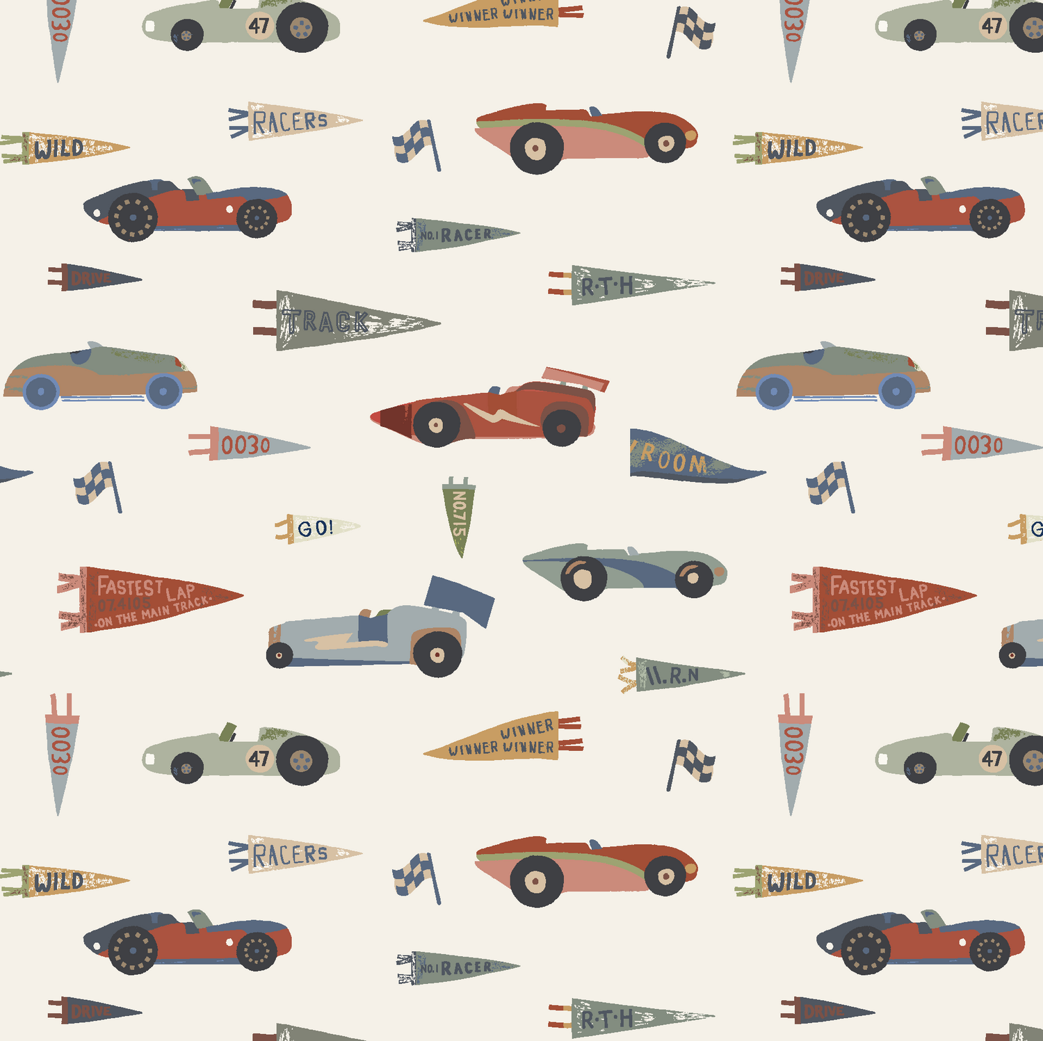 Speedway Dash Wallpaper features a seamless pattern of vintage race cars, flags, and "winner" banners on a light beige background—ideal as nursery decor or for adding retro racing style to any space.