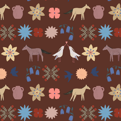 Playful Prairie Cocoa Wallpaper showcases hand-drawn folk art with horses, birds, blue and yellow flowers, potted plants, and decorative motifs on a brown background—ideal for a nursery or vibrant floral decor.