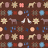 Playful Prairie Cocoa Wallpaper showcases hand-drawn folk art with horses, birds, blue and yellow flowers, potted plants, and decorative motifs on a brown background—ideal for a nursery or vibrant floral decor.