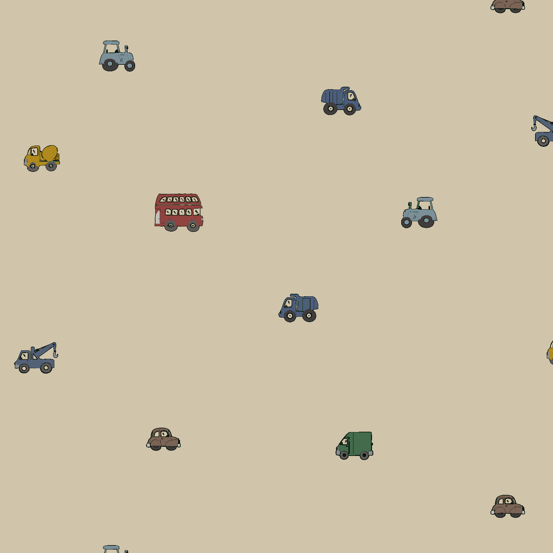 Transport Trail Wallpaper Sample, Beige: Features small cartoon vehicles—cars, trucks, buses, and tow trucks—on a beige background. The vibrant test colour adds playfulness and highlights the sample&