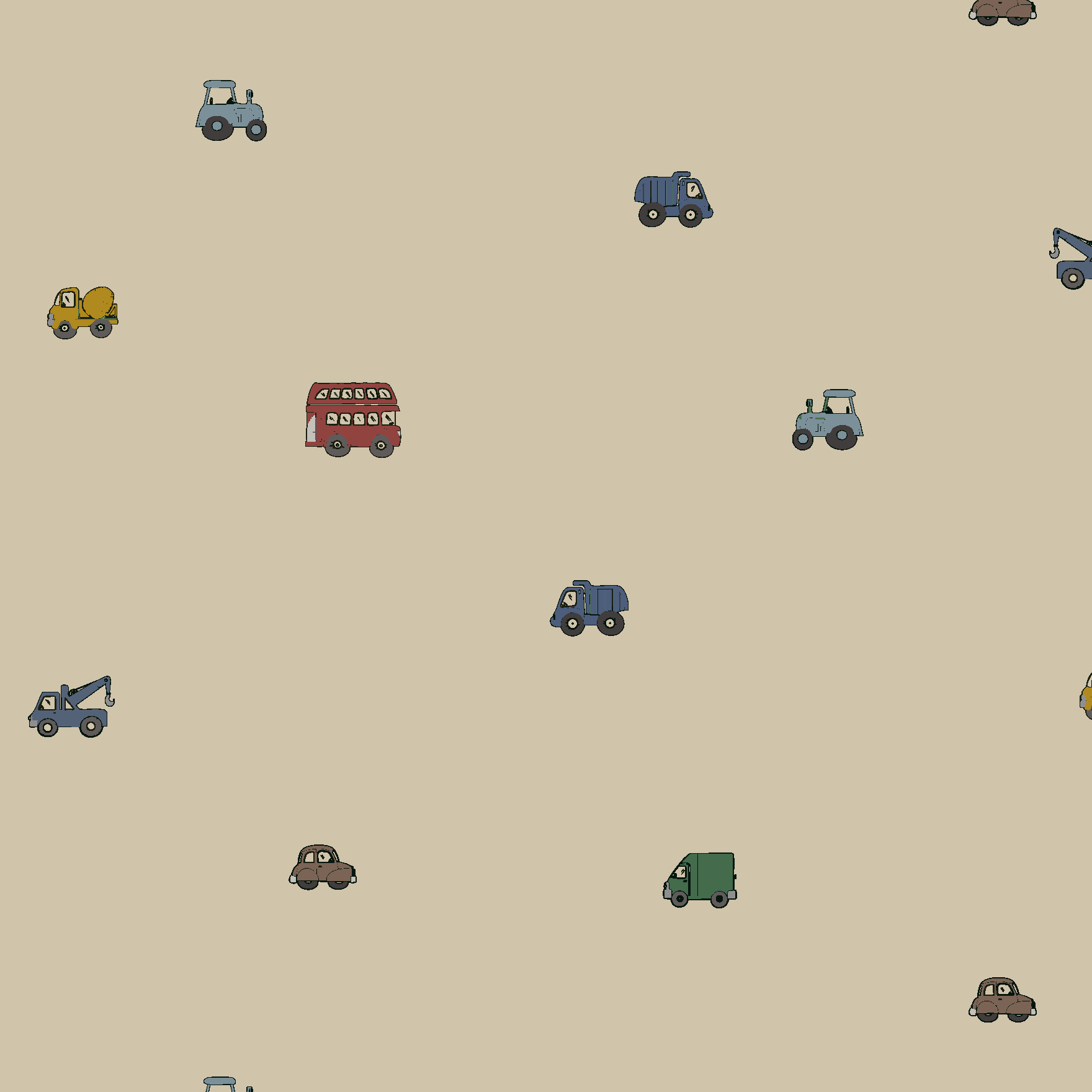 Transport Trail Wallpaper Sample, Beige: Features small cartoon vehicles—cars, trucks, buses, and tow trucks—on a beige background. The vibrant test colour adds playfulness and highlights the sample&