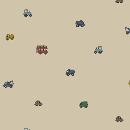 Transport Trail Wallpaper Sample, Beige: Features small cartoon vehicles—cars, trucks, buses, and tow trucks—on a beige background. The vibrant test colour adds playfulness and highlights the sample&