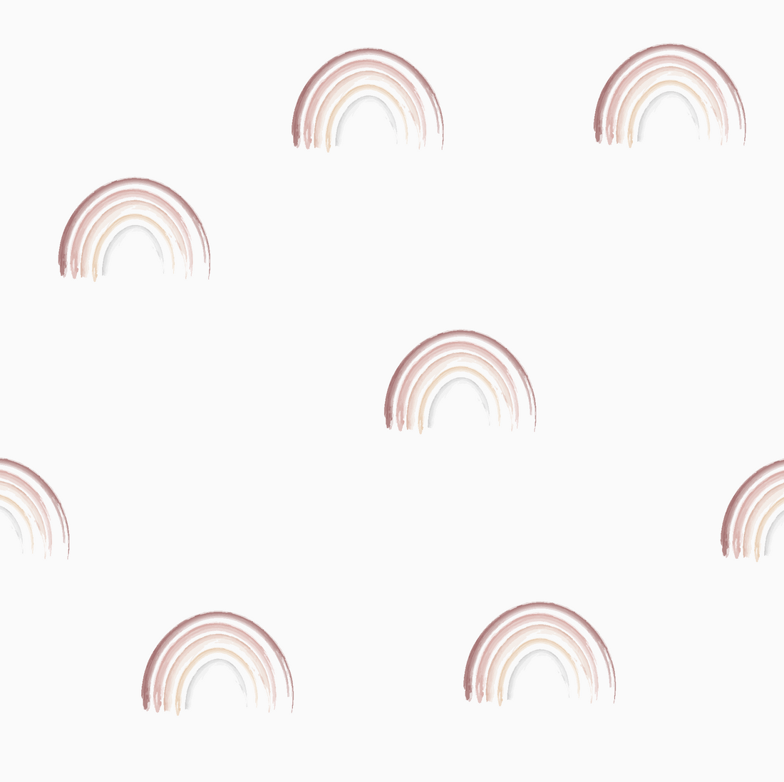Introducing our Mini Watercolour Rainbow Wallpaper, featuring a white background adorned with seven evenly spaced pastel pink and beige rainbow arches. This charming repeat pattern is perfect for adding a whimsical touch to any space.