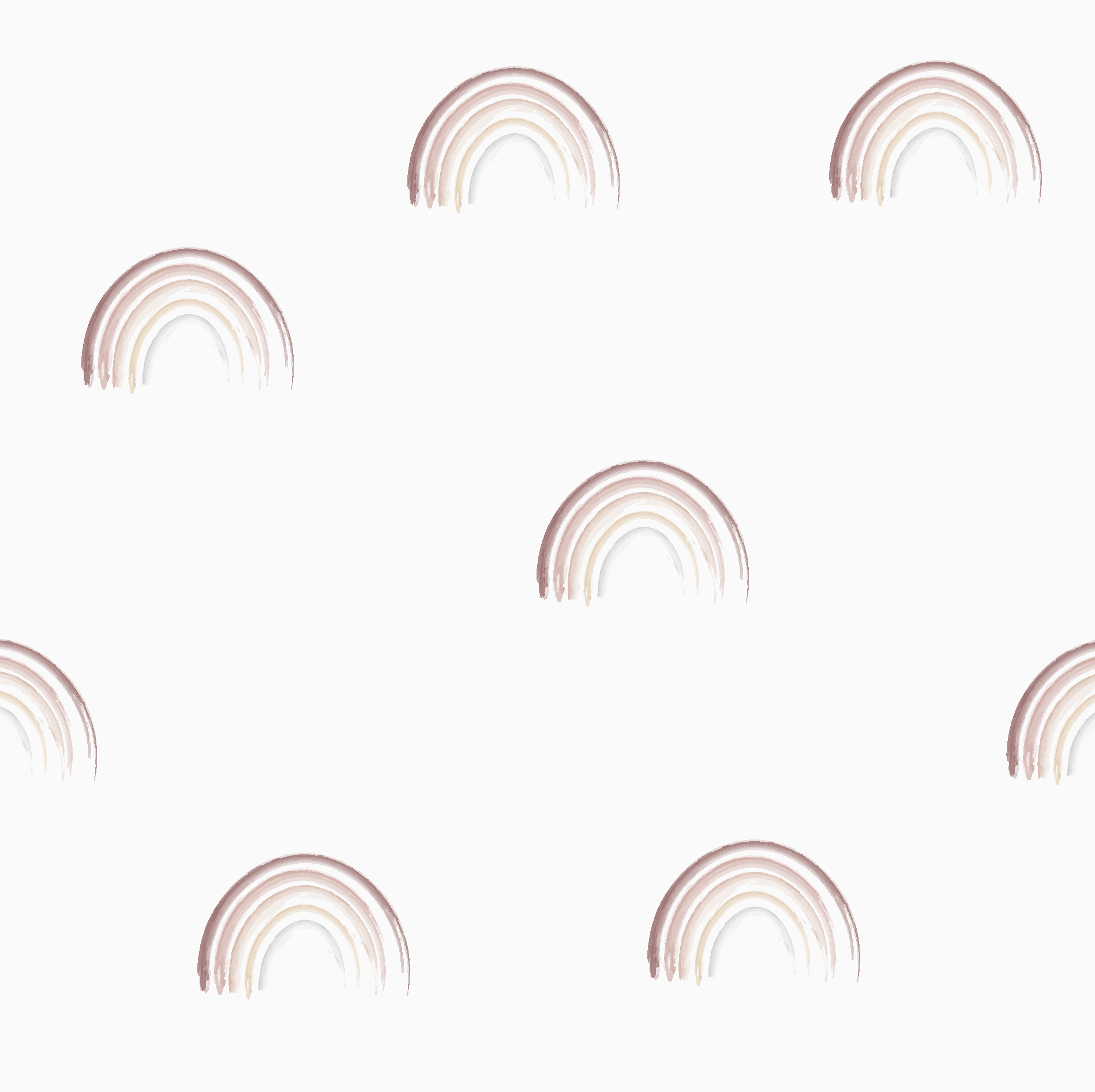 Introducing our Mini Watercolour Rainbow Wallpaper, featuring a white background adorned with seven evenly spaced pastel pink and beige rainbow arches. This charming repeat pattern is perfect for adding a whimsical touch to any space.