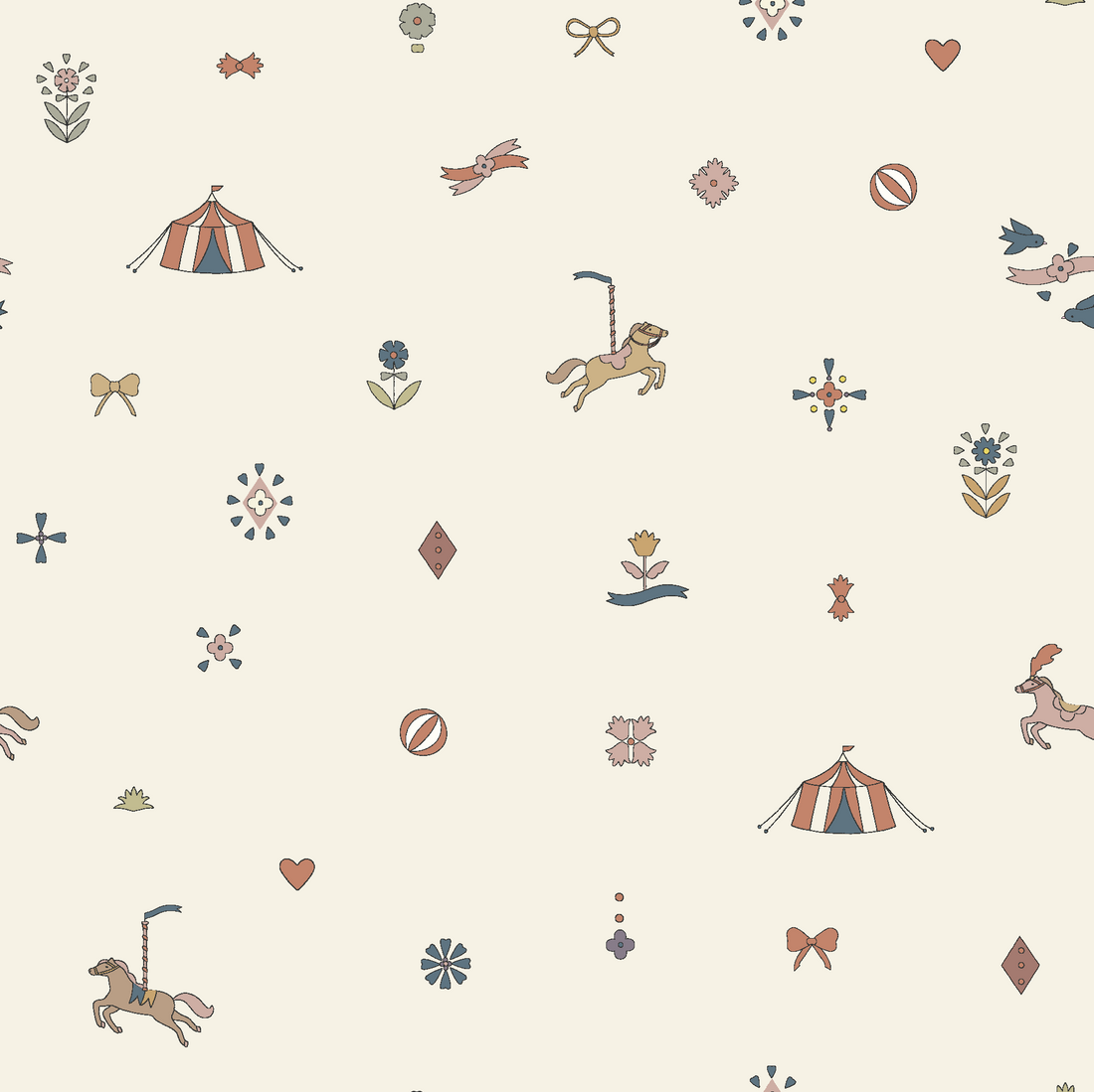 Petite Circus Party Wallpaper showcases a seamless circus-themed design with circus tents, carousel horses, flowers, bows, diamonds, and hearts in muted red, blue, and yellow on a light cream background—perfect as premium wallpaper for a nursery.