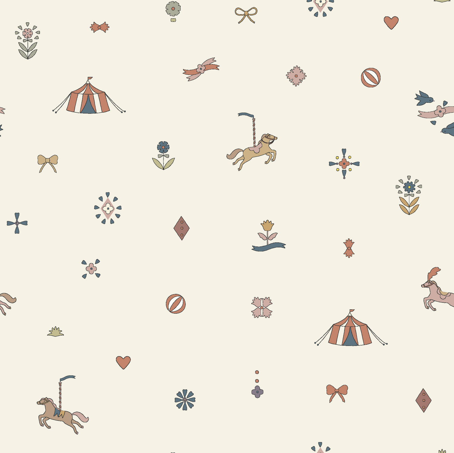 Petite Circus Party Wallpaper showcases a seamless circus-themed design with circus tents, carousel horses, flowers, bows, diamonds, and hearts in muted red, blue, and yellow on a light cream background—perfect as premium wallpaper for a nursery.