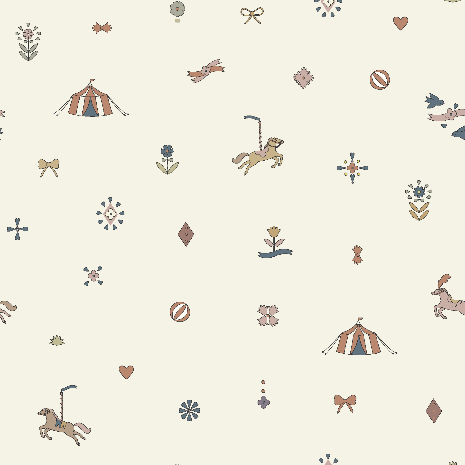Petite Circus Party Wallpaper showcases a seamless circus-themed design with circus tents, carousel horses, flowers, bows, diamonds, and hearts in muted red, blue, and yellow on a light cream background—perfect as premium wallpaper for a nursery.