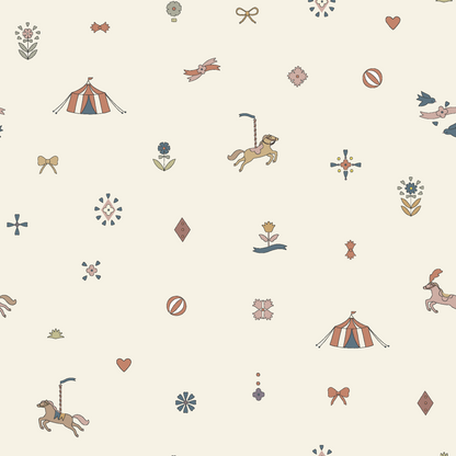 Petite Circus Party Wallpaper showcases a seamless circus-themed design with circus tents, carousel horses, flowers, bows, diamonds, and hearts in muted red, blue, and yellow on a light cream background—perfect as premium wallpaper for a nursery.
