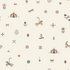 Petite Circus Party Wallpaper showcases a seamless circus-themed design with circus tents, carousel horses, flowers, bows, diamonds, and hearts in muted red, blue, and yellow on a light cream background—perfect as premium wallpaper for a nursery.