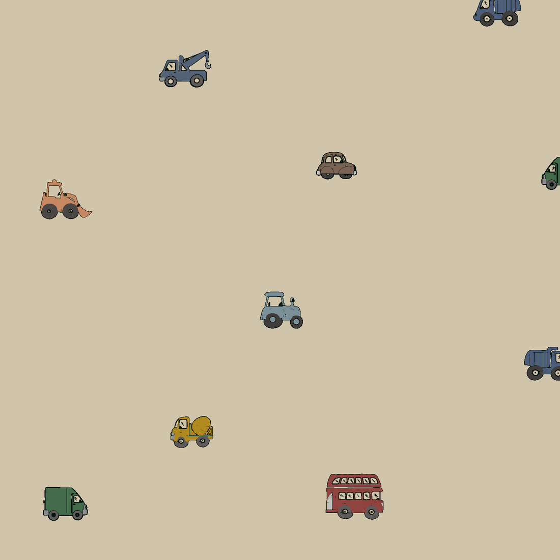 Experience the playful charm of the Transport Trail Wallpaper in beige, featuring a delightful array of cartoon vehicles—including cars, trucks, a cement mixer, a tow truck, and a red bus—scattered across a spacious neutral background. Perfect for adding a whimsical transport theme to any nursery or kids’ room.