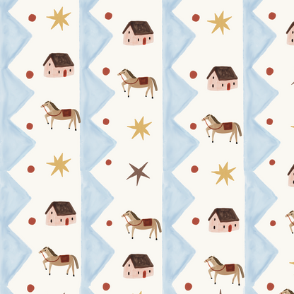 Paddock Parade Wallpaper features a hand-drawn pattern of horses, small houses, yellow stars, brown dots, and blue zigzag stripes on a white background, repeating vertically—perfect for adding countryside charm to children’s rooms.