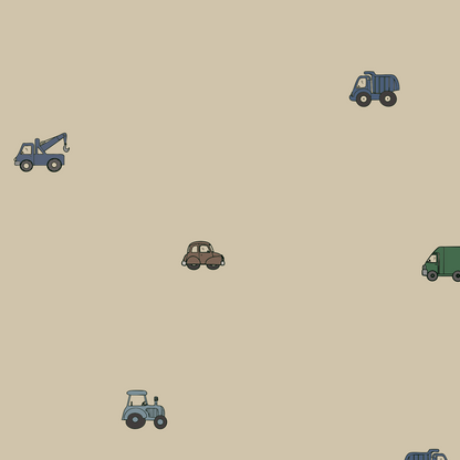 Transport Trail Wallpaper in beige featuring a repeating pattern of small, illustrated construction and transport vehicles including a tow truck, dump truck, tractor, and car.