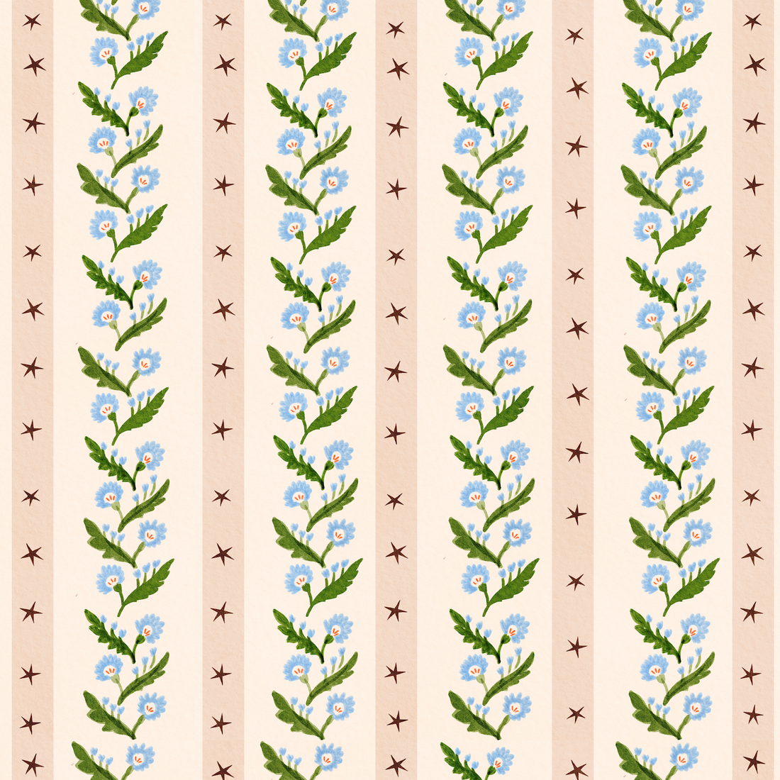Forget-Me-Not Trail Stripe wallpaper featuring vertical stripes of blue forget-me-not floral vines alternating with light pink bands decorated with small brown stars.