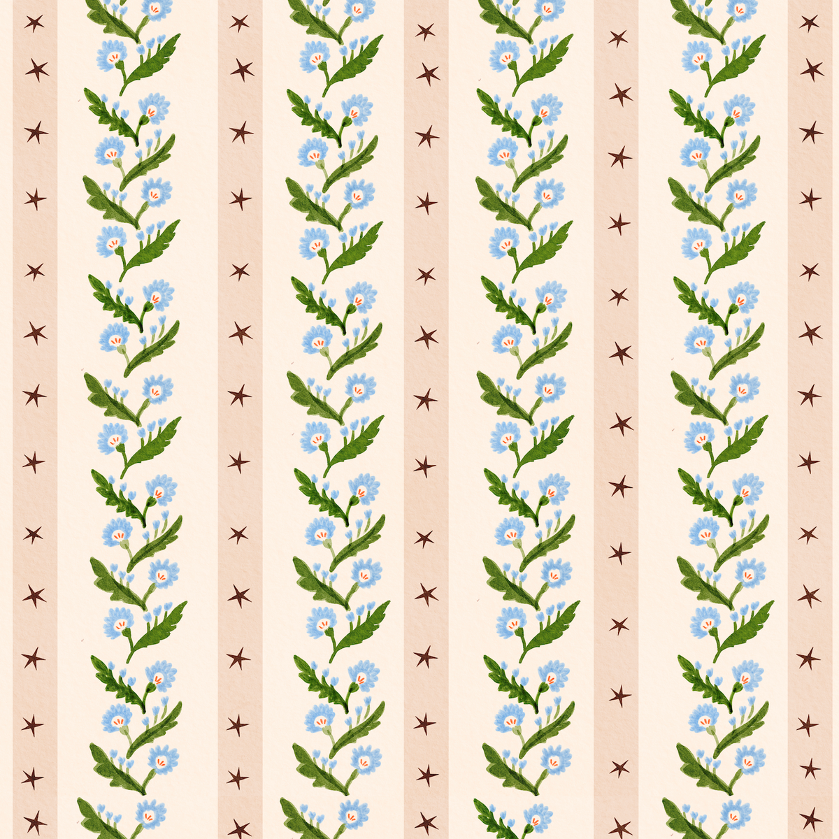 Forget-Me-Not Trail Stripe wallpaper featuring vertical stripes of blue forget-me-not floral vines alternating with light pink bands decorated with small brown stars.
