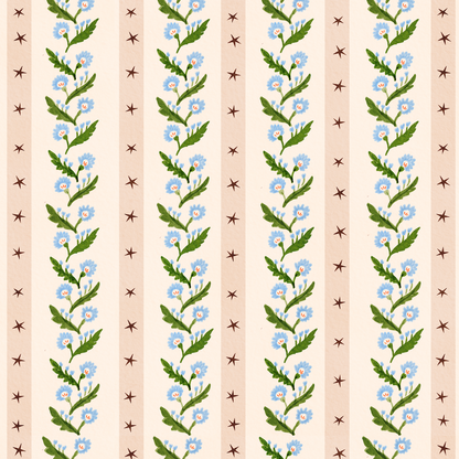 Forget-Me-Not Trail Stripe wallpaper featuring vertical stripes of blue forget-me-not floral vines alternating with light pink bands decorated with small brown stars.