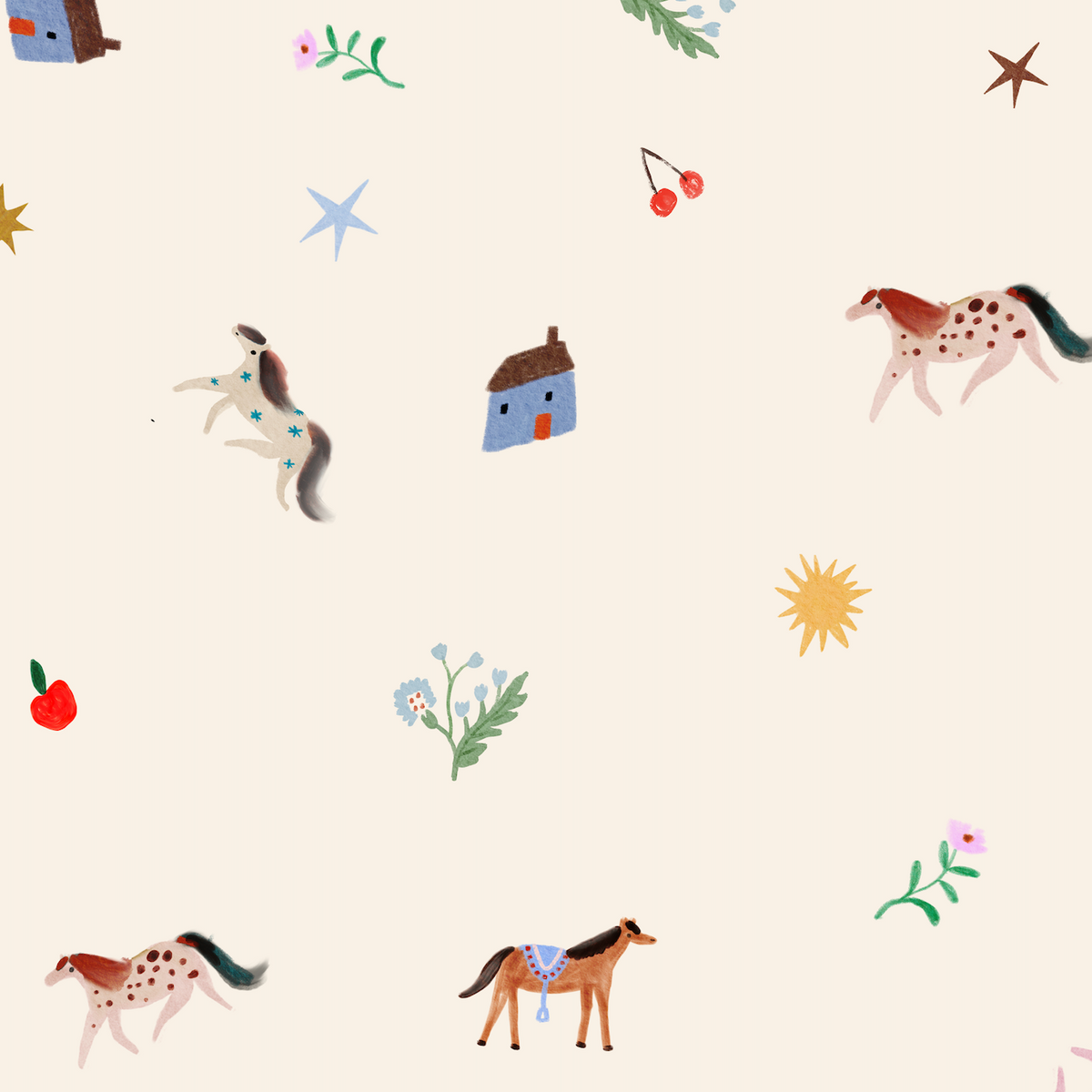 Little Paddock Wallpaper featuring a pattern of hand-painted illustrations of horses, small houses, flowers, cherries, and stars on a cream background, ideal for countryside nursery decor.