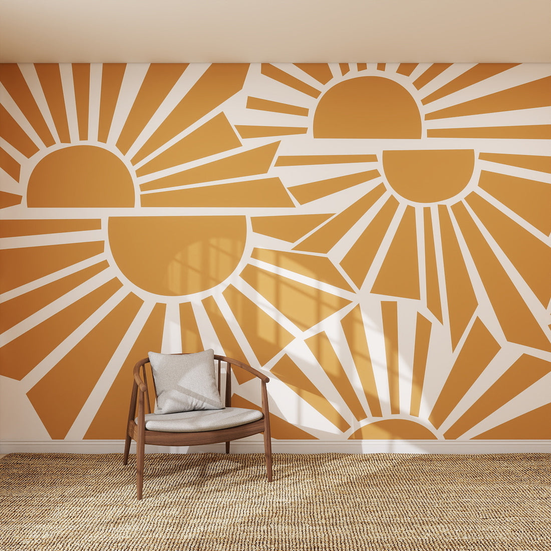 A modern room features the Sunbeams Wallpaper Repeat Pattern with stylized orange and white sunrises, a wooden chair with a gray cushion, and a woven rug. Sunlight enhances the sunshine-inspired decor.