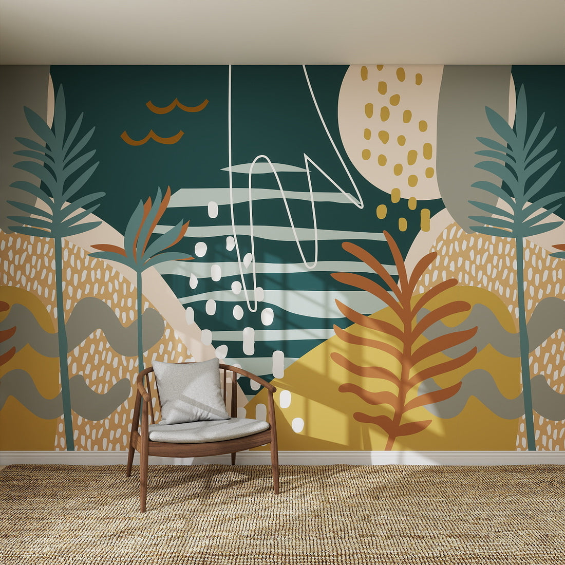 A modern room featuring The Scene Abstract Wallpaper Mural, showcasing palm leaves, wavy lines, and organic shapes in teal, mustard, rust, and white tones for a stylish decor. A wooden chair with cushion sits on a woven rug.