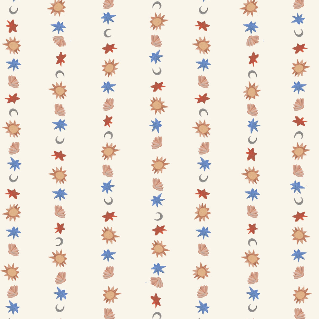 Vertical rows of scattered autumn leaves and small blue flowers on light beige create a whimsical repeating pattern—perfect as All I See Is Magic Stripe Wallpaper for nursery decor with a charming, enchanting touch.