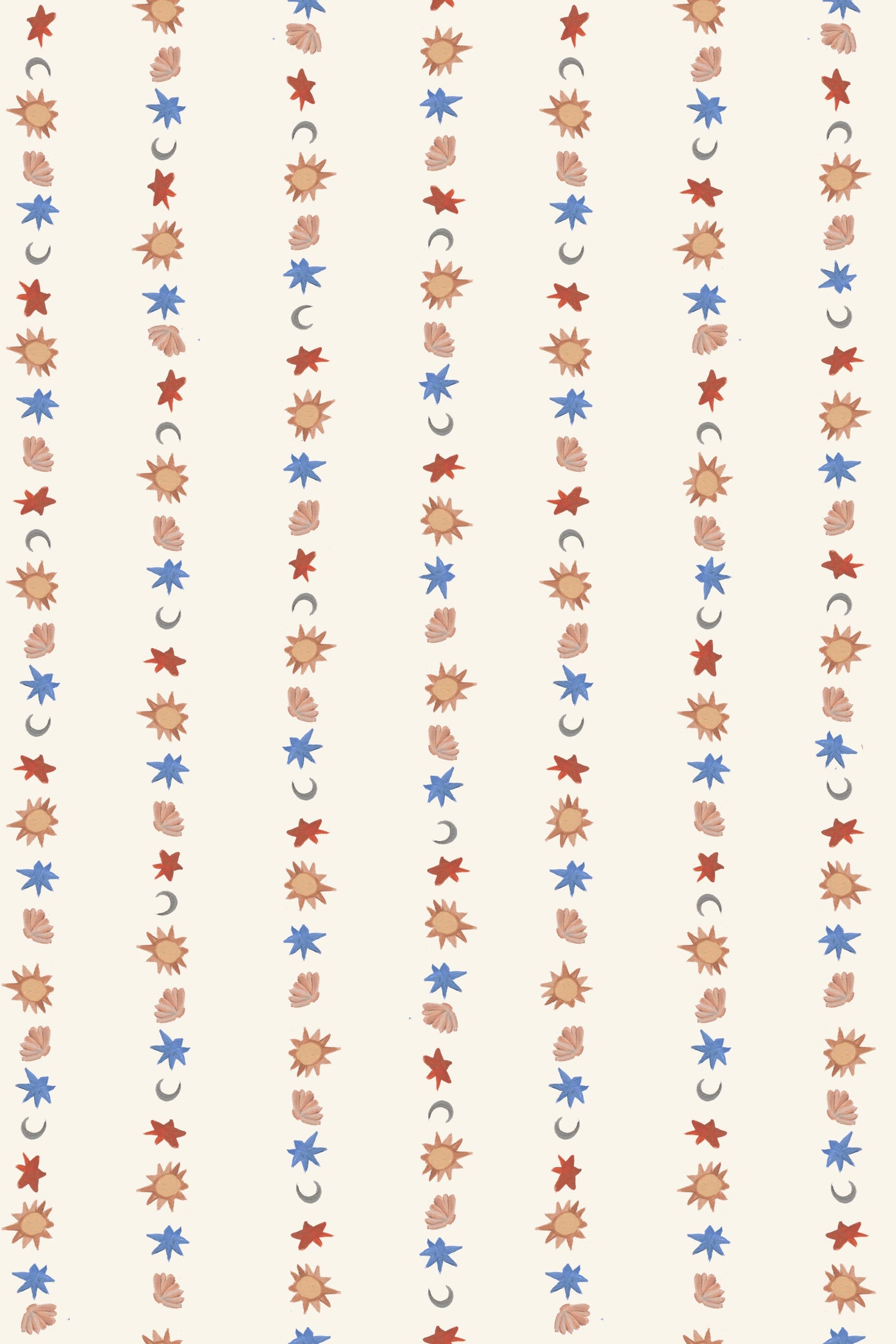 Vertical rows of scattered autumn leaves and small blue flowers on light beige create a whimsical repeating pattern—perfect as All I See Is Magic Stripe Wallpaper for nursery decor with a charming, enchanting touch.