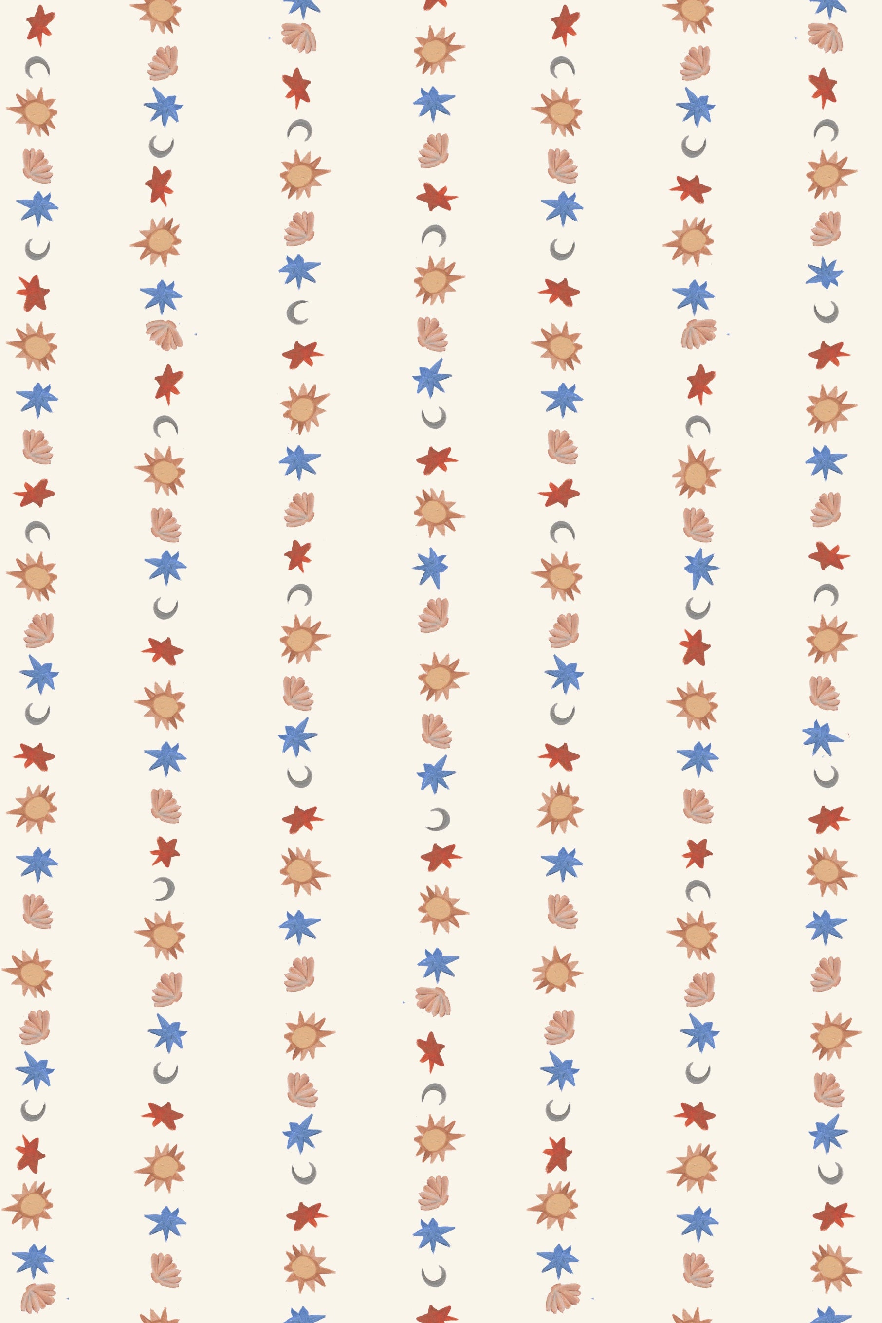 Vertical rows of scattered autumn leaves and small blue flowers on light beige create a whimsical repeating pattern—perfect as All I See Is Magic Stripe Wallpaper for nursery decor with a charming, enchanting touch.