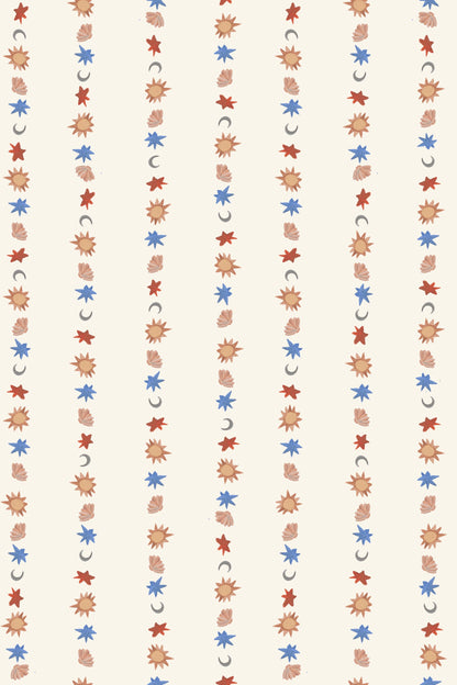 Vertical rows of scattered autumn leaves and small blue flowers on light beige create a whimsical repeating pattern—perfect as All I See Is Magic Stripe Wallpaper for nursery decor with a charming, enchanting touch.