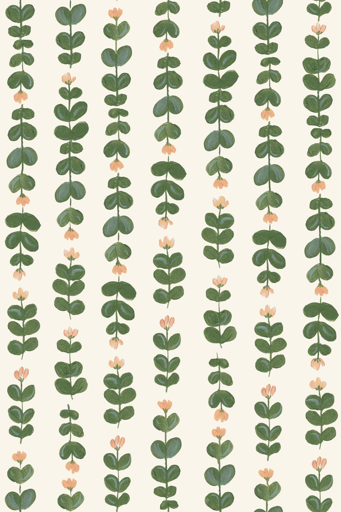 Floral Trails Wallpaper features vertical rows of watercolor green leafy stems and small peach flowers on a light beige background, creating a simple, repeating botanical pattern ideal for hand-painted or nursery wallpaper.