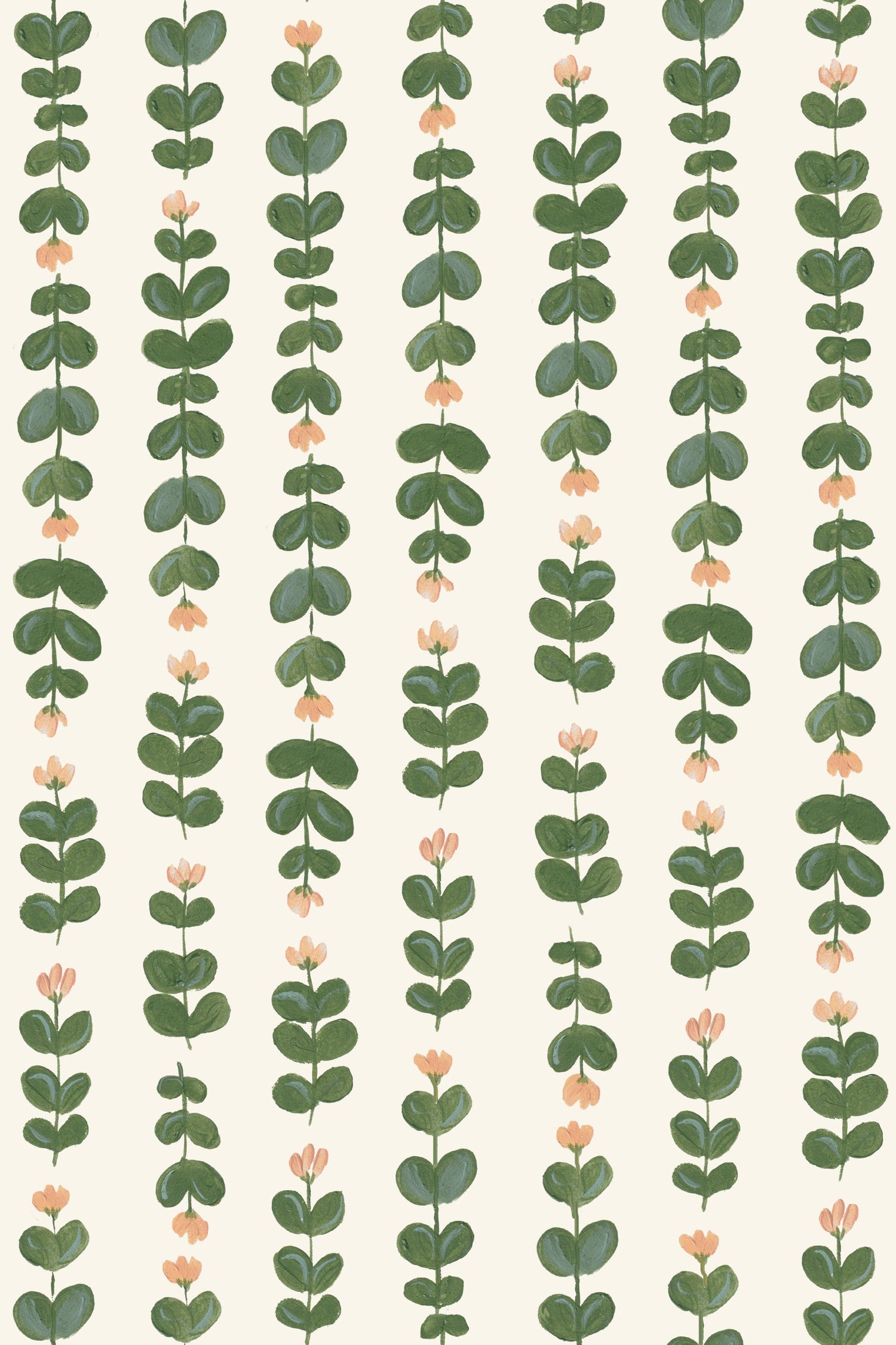 Floral Trails Wallpaper features vertical rows of watercolor green leafy stems and small peach flowers on a light beige background, creating a simple, repeating botanical pattern ideal for hand-painted or nursery wallpaper.