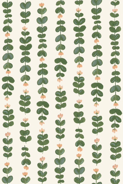 Floral Trails Wallpaper features vertical rows of watercolor green leafy stems and small peach flowers on a light beige background, creating a simple, repeating botanical pattern ideal for hand-painted or nursery wallpaper.