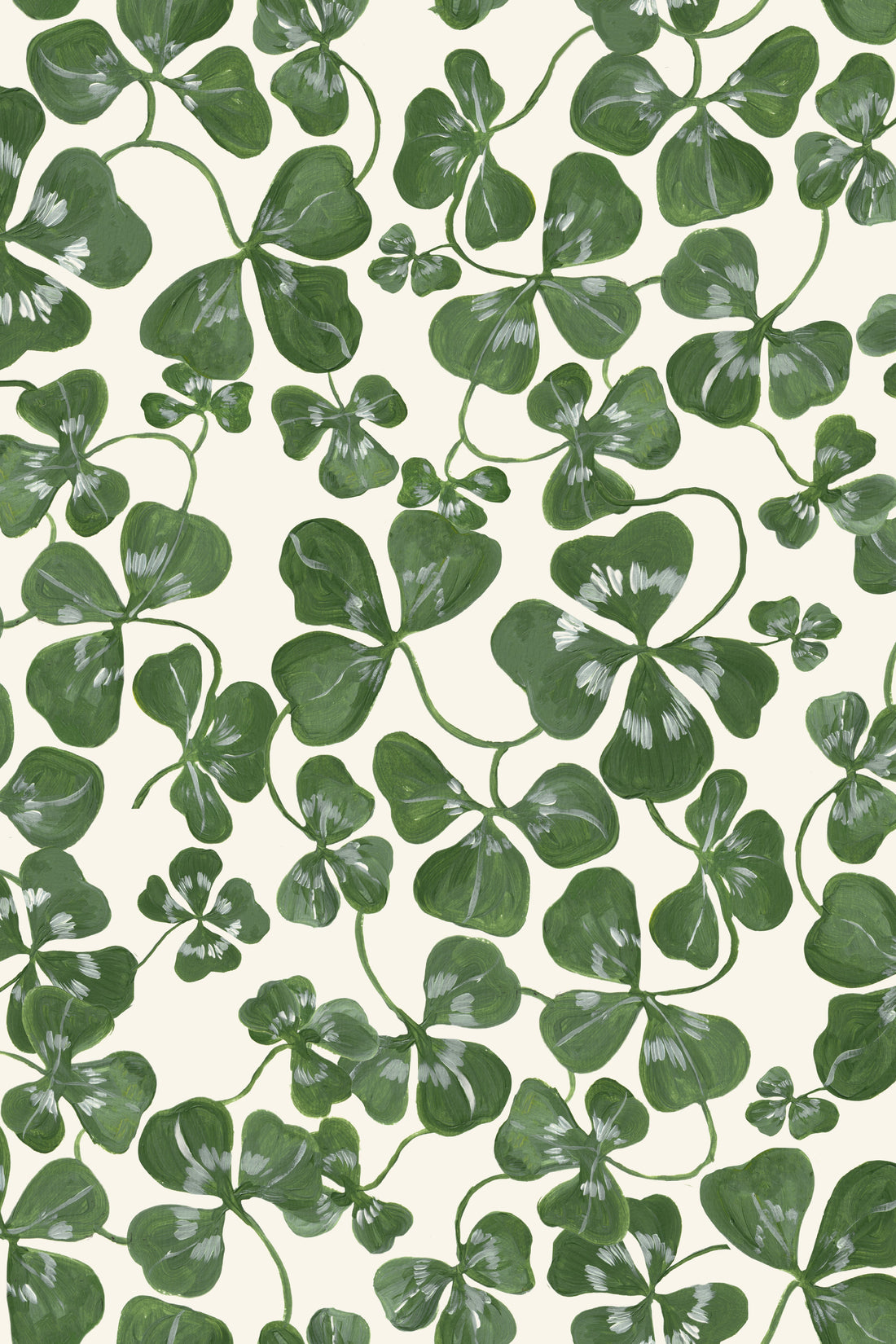 How Lucky We Are Clovers Wallpaper features green clover leaves with white accents on a light beige background, creating a lively, natural hand-painted design.